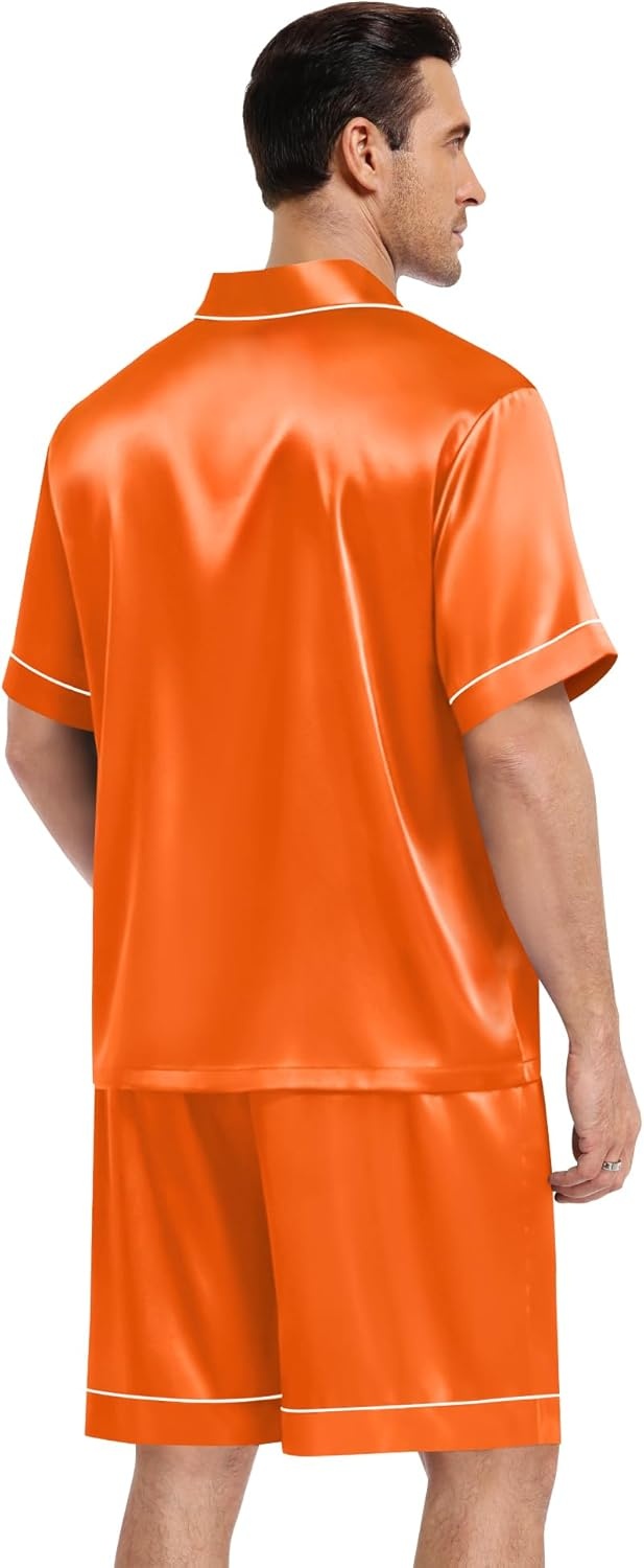 image:imageSWOMOG Mens Silk Satin Pajamas Sets 2 Piece Short Sleeve Loungewear Classic Lapel Soft Sleepwear with PocketsOrange