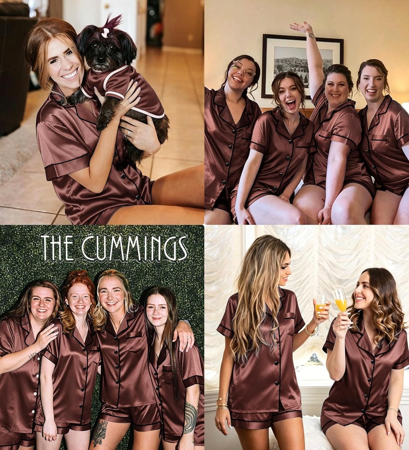 image:imageSWOMOG Womens Silk Satin Pajamas Set Short Sleeve Sleepwear Button Down Top and Shorts Loungewear 2 Piece Pjs Set XS3XLBrown