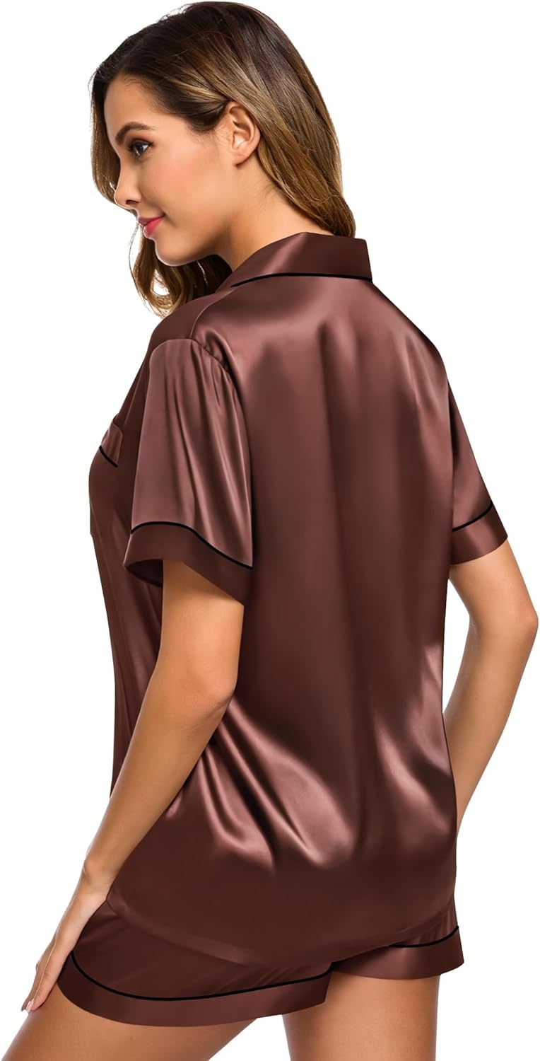 image:imageSWOMOG Womens Silk Satin Pajamas Set Short Sleeve Sleepwear Button Down Top and Shorts Loungewear 2 Piece Pjs Set XS3XLBrown