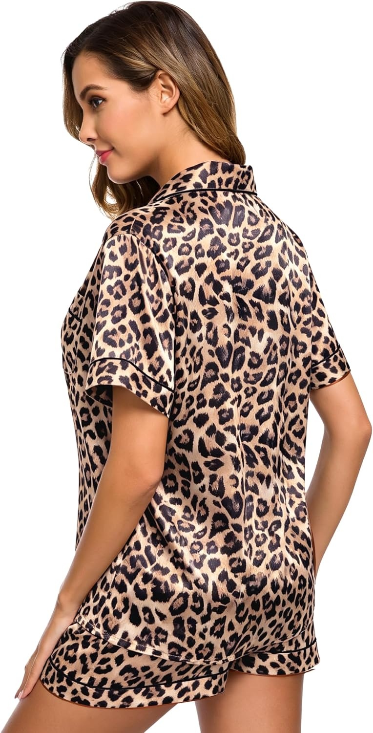 image:imageSWOMOG Womens Silk Satin Pajamas Set Short Sleeve Sleepwear Button Down Top and Shorts Loungewear 2 Piece Pjs Set XS3XLSexy Leopard