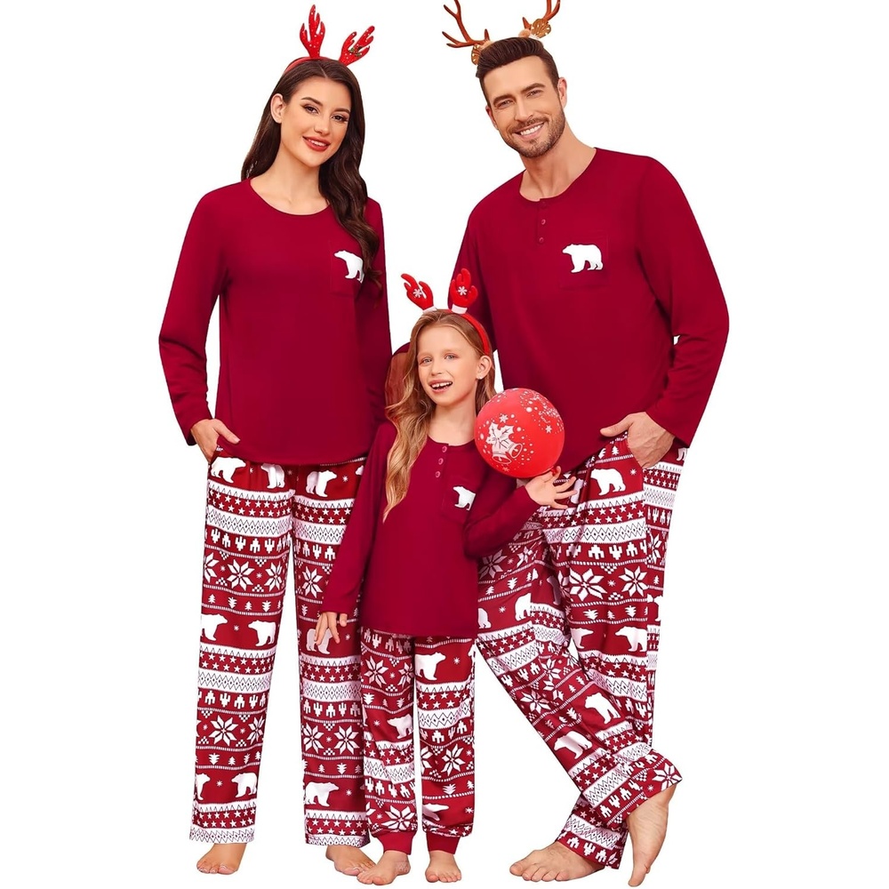 image:imageSWOMOG Family Christmas Matching Pajamas Set WomenMen Modal Pajama 2 PCS Long Sleeve Sleepwear Sets with Pockets Men Red Bear Large