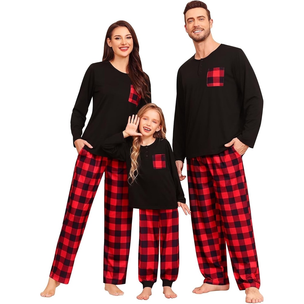 image:imageSWOMOG Family Christmas Matching Pajamas Set WomenMen Modal Pajama 2 PCS Long Sleeve Sleepwear Sets with Pockets Men Red Black Plaid XXLarge