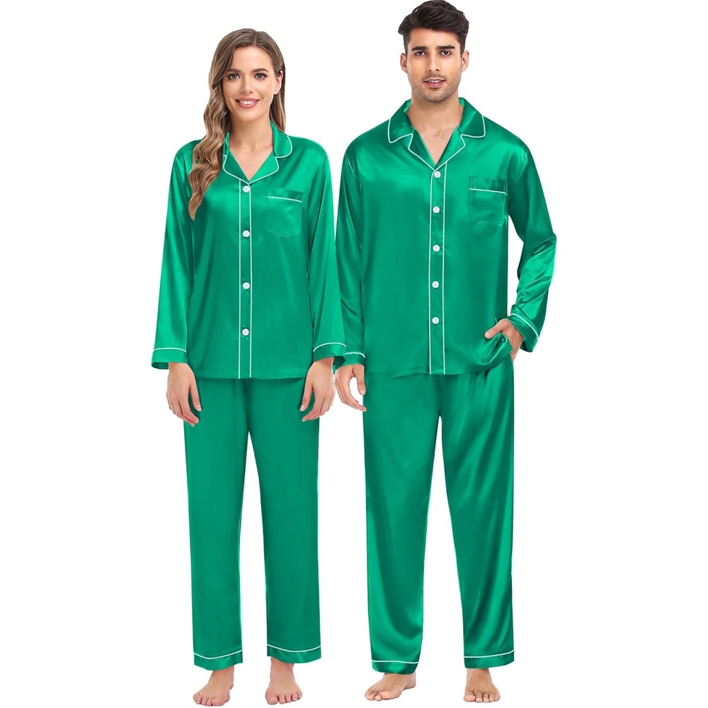 image:imageSWOMOG Family Matching Pajama Set WomenMenKids Satin Pajamas Long Sleeve Sleepwear Button Down Loungewear 2 Pcs Pj SetEmerald Green