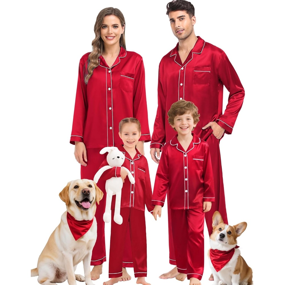 image:imageSWOMOG Family Matching Pajama Set WomenMenKids Satin Pajamas Long Sleeve Sleepwear Button Down Loungewear 2 Pcs Pj SetRed