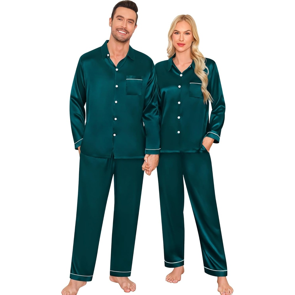 image:imageSWOMOG Family Matching Pajama Set WomenMenKids Satin Pajamas Long Sleeve Sleepwear Button Down Loungewear 2 Pcs Pj SetZ Deep Green With Classic Collar