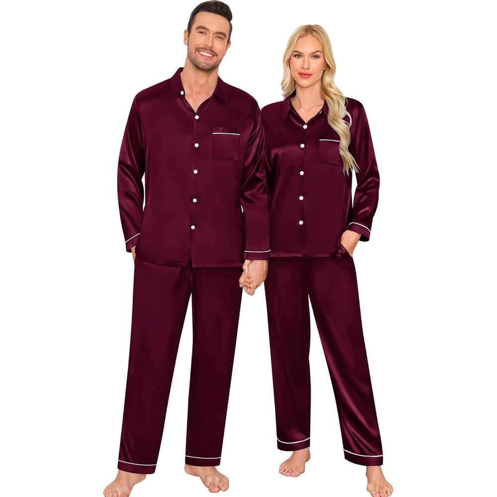 image:imageSWOMOG Family Matching Pajama Set WomenMenKids Satin Pajamas Long Sleeve Sleepwear Button Down Loungewear 2 Pcs Pj SetZ Deep Wine Red With Classic Collar