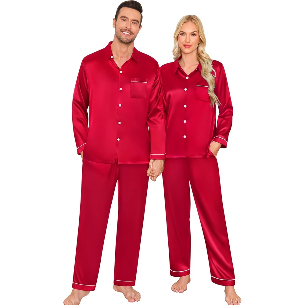 image:imageSWOMOG Family Matching Pajama Set WomenMenKids Satin Pajamas Long Sleeve Sleepwear Button Down Loungewear 2 Pcs Pj SetZ Red With Classic Collar