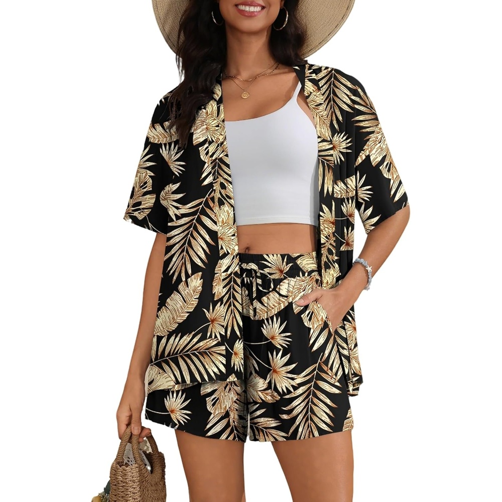 image:imageSWOMOG Hawaiian Tropical Print Womens 2 Piece Swimsuit Cover Up Set Loose Short Sleeve Top amp Shorts for Summer Beach SXXLBlack Flower
