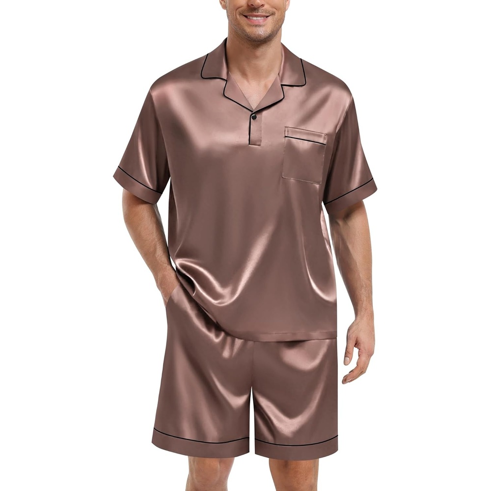 image:imageSWOMOG Mens Silk Satin Pajamas Sets 2 Piece Short Sleeve Loungewear Classic Lapel Soft Sleepwear with PocketsBrown