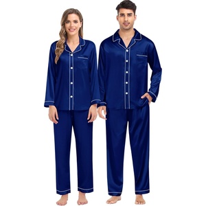 SWOMOG Family Matching Pajama Set Women/Men/Kids Satin Pajamas Long Sleeve Sleepwear Button Down Loungewear 2 Pcs Pj Set(Navy Blue)