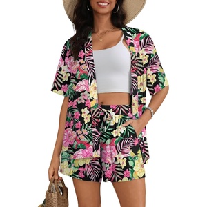 SWOMOG Hawaiian Tropical Print Women’s 2 Piece Swimsuit Cover Up Set – Loose Short Sleeve Top & Shorts for Summer Beach S-XXL(Black Pink Tropic)