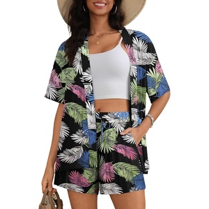 SWOMOG Hawaiian Tropical Print Women’s 2 Piece Swimsuit Cover Up Set – Loose Short Sleeve Top & Shorts for Summer Beach S-XXL(Black Red Flower)
