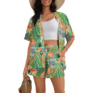 SWOMOG Hawaiian Tropical Print Women’s 2 Piece Swimsuit Cover Up Set – Loose Short Sleeve Top & Shorts for Summer Beach S-XXL(Green Flower)