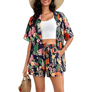 SWOMOG Hawaiian Tropical Print Women’s 2 Piece Swimsuit Cover Up Set – Loose Short Sleeve Top & Shorts for Summer Beach S-XXL(Navy Tropic Flower)