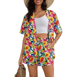 SWOMOG Hawaiian Tropical Print Women’s 2 Piece Swimsuit Cover Up Set – Loose Short Sleeve Top & Shorts for Summer Beach S-XXL(White Red Floral)