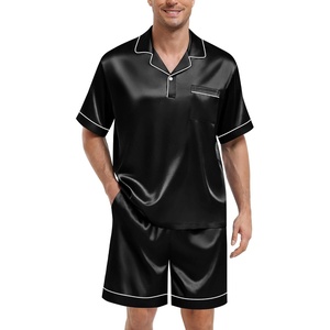 SWOMOG Mens Silk Satin Pajamas Sets 2 Piece Short Sleeve Loungewear Classic Lapel Soft Sleepwear with Pockets(Black)