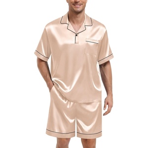 SWOMOG Mens Silk Satin Pajamas Sets 2 Piece Short Sleeve Loungewear Classic Lapel Soft Sleepwear with Pockets(Champagne)
