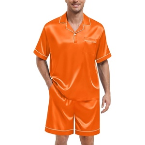 SWOMOG Mens Silk Satin Pajamas Sets 2 Piece Short Sleeve Loungewear Classic Lapel Soft Sleepwear with Pockets(Orange)