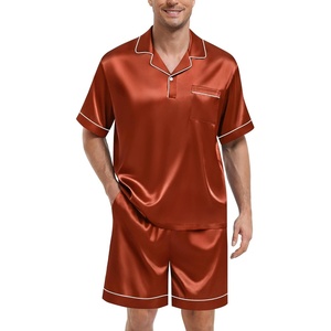 SWOMOG Mens Silk Satin Pajamas Sets 2 Piece Short Sleeve Loungewear Classic Lapel Soft Sleepwear with Pockets(Rust Brown)