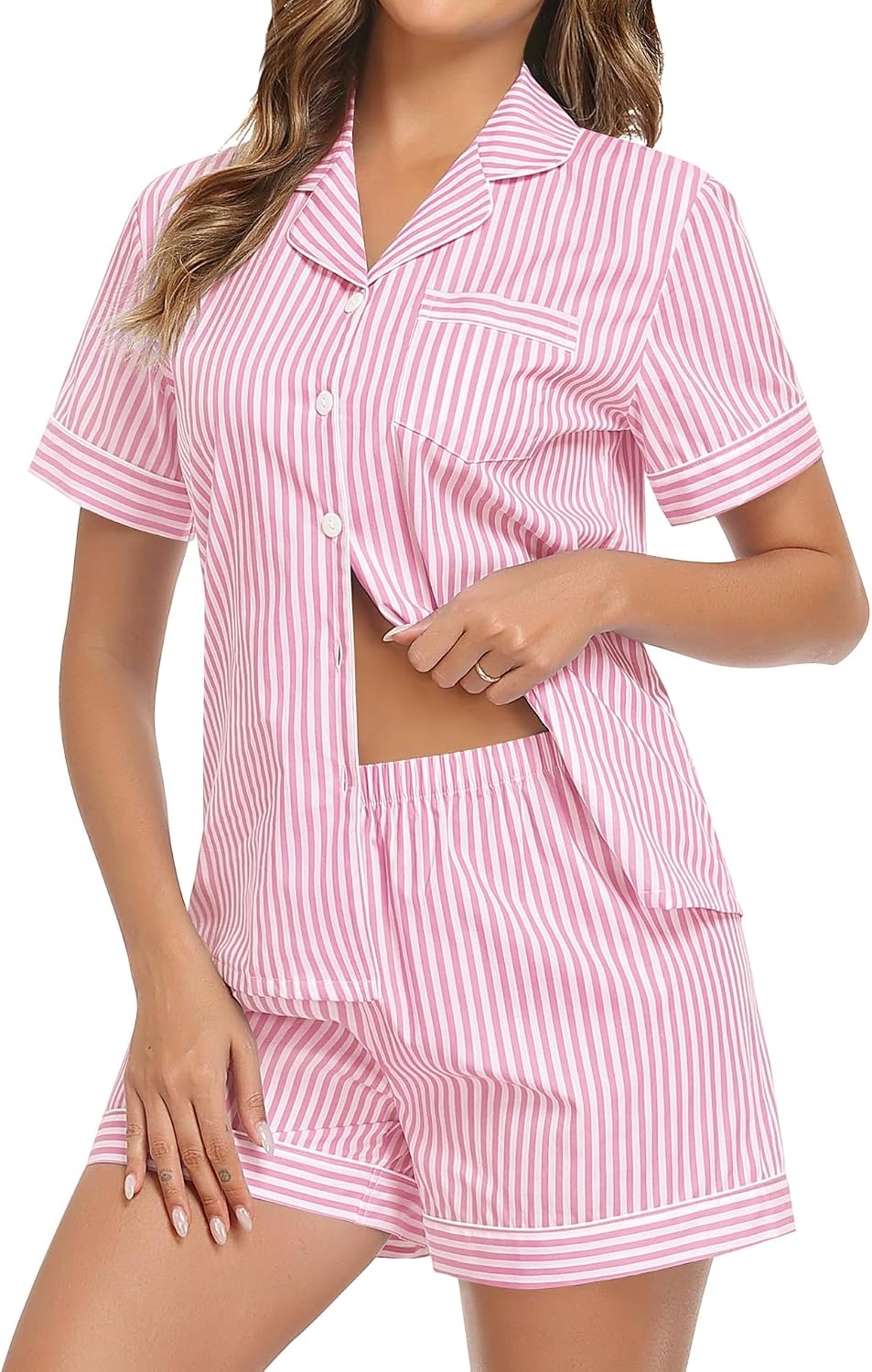 image:imageSWOMOG 100 Cotton Pajama Set For Women 2 Piece Gingham Pjs Set Short Sleeve Plaid Sleepwear Button Down Lounge Set