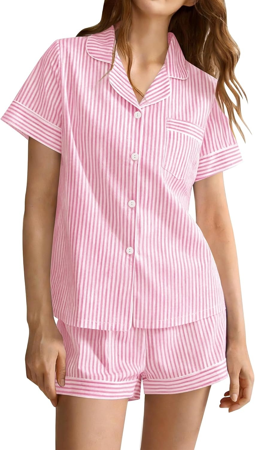 image:imageSWOMOG 100 Cotton Pajama Set For Women 2 Piece Gingham Pjs Set Short Sleeve Plaid Sleepwear Button Down Lounge Set