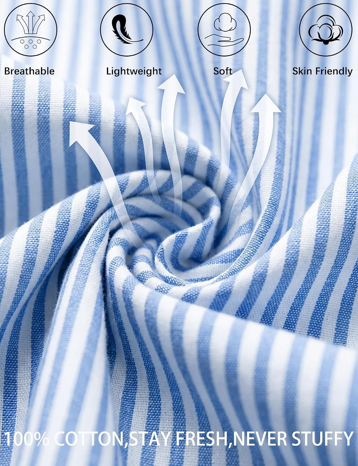 image:imageSWOMOG 100 Cotton Pajama Set For Women 2PCS Plaid Pjs Set Short Sleeve Shirts with Pockets Button Down Cute LoungewearBlue Stripe