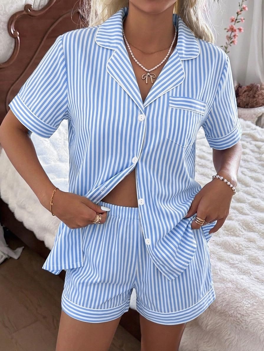 image:imageSWOMOG 100 Cotton Pajama Set For Women 2PCS Plaid Pjs Set Short Sleeve Shirts with Pockets Button Down Cute LoungewearBlue Stripe