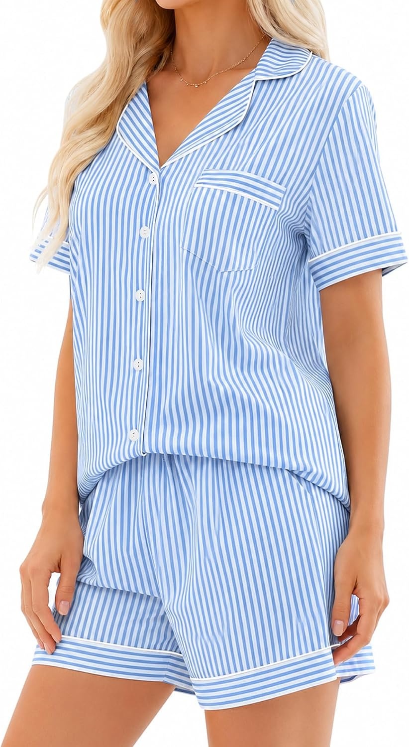 image:imageSWOMOG 100 Cotton Pajama Set For Women 2PCS Plaid Pjs Set Short Sleeve Shirts with Pockets Button Down Cute LoungewearBlue Stripe