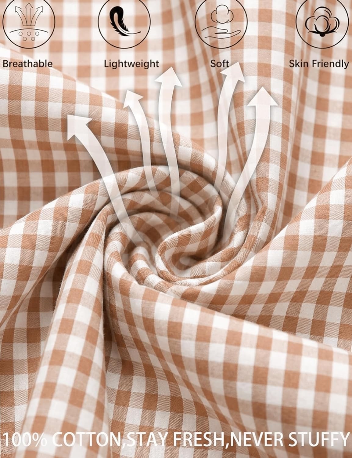 image:imageSWOMOG 100 Cotton Pajama Set For Women 2PCS Plaid Pjs Set Short Sleeve Shirts with Pockets Button Down Cute LoungewearBrown Gingham