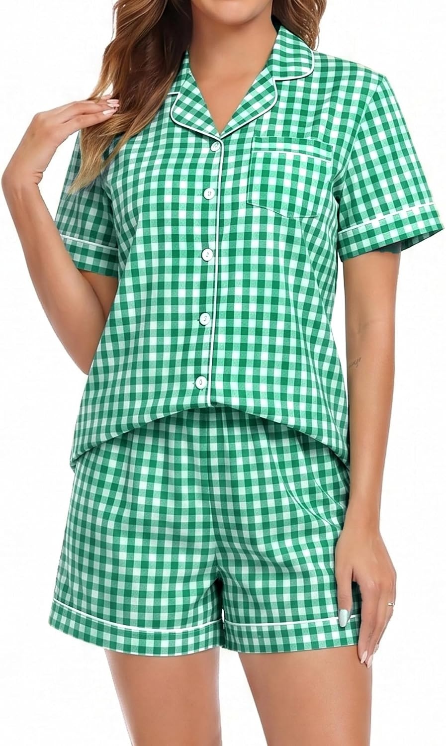 image:imageSWOMOG 100 Cotton Pajama Set For Women 2PCS Plaid Pjs Set Short Sleeve Shirts with Pockets Button Down Cute LoungewearGreen Gingham