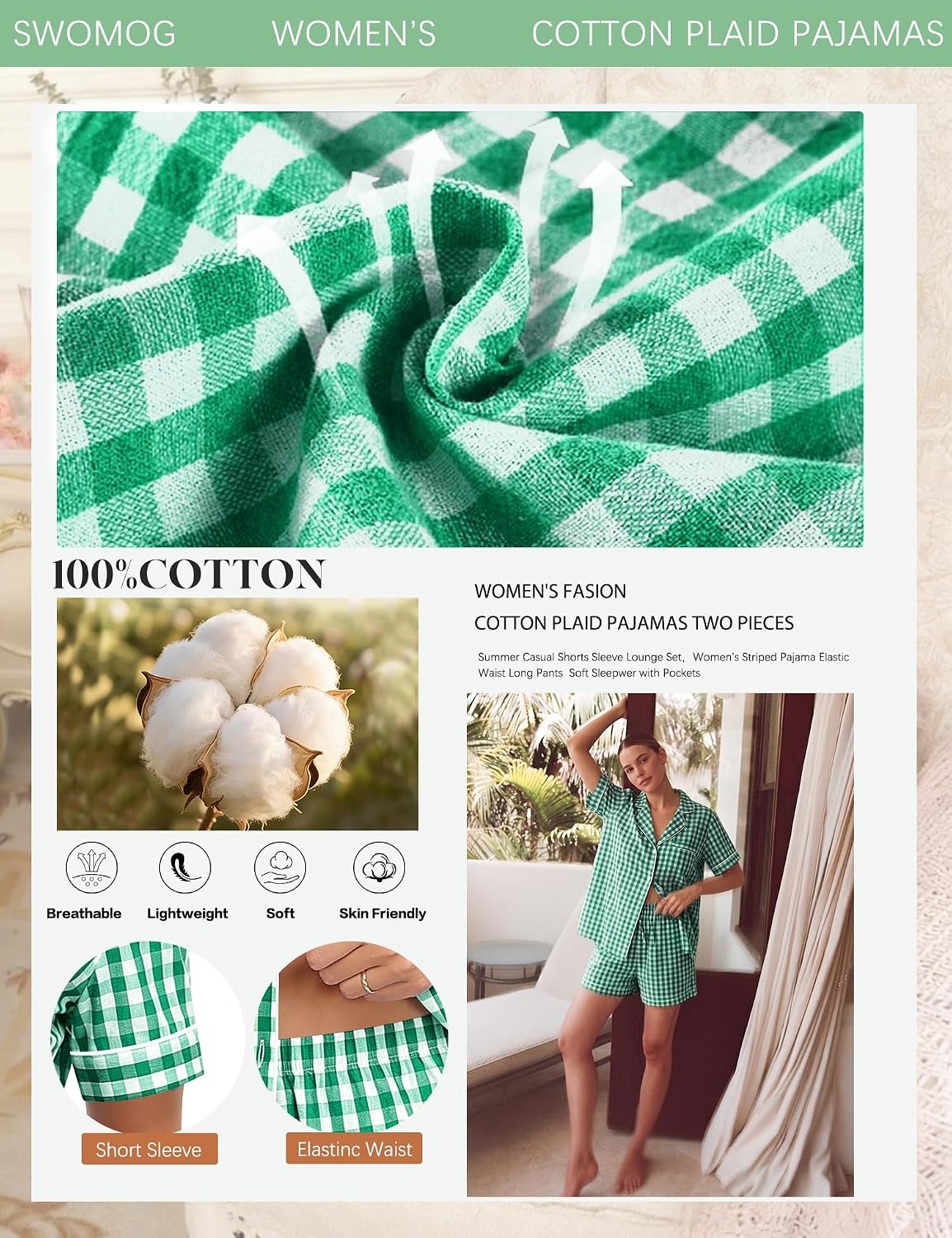 image:imageSWOMOG 100 Cotton Pajama Set For Women 2PCS Plaid Pjs Set Short Sleeve Shirts with Pockets Button Down Cute LoungewearGreen Gingham