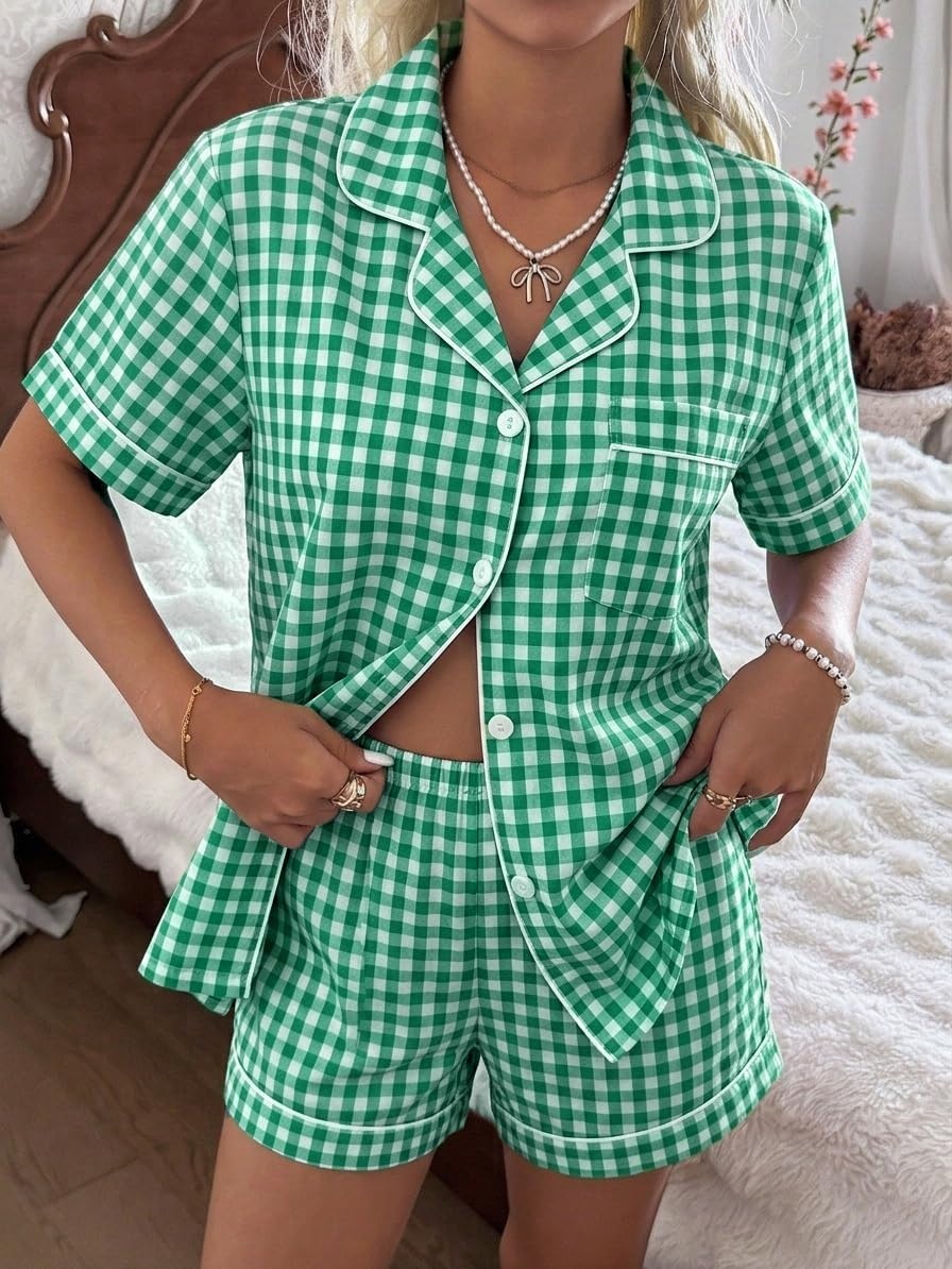 image:imageSWOMOG 100 Cotton Pajama Set For Women 2PCS Plaid Pjs Set Short Sleeve Shirts with Pockets Button Down Cute LoungewearGreen Gingham