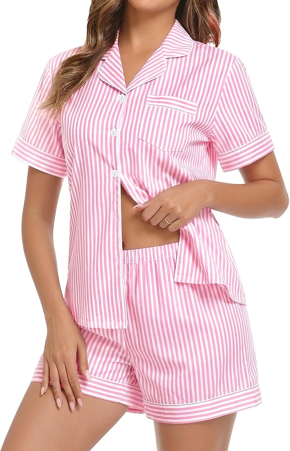 image:imageSWOMOG 100 Cotton Pajama Set For Women 2PCS Plaid Pjs Set Short Sleeve Shirts with Pockets Button Down Cute LoungewearPink Stripe