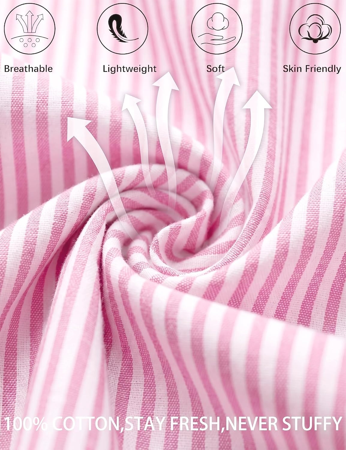 image:imageSWOMOG 100 Cotton Pajama Set For Women 2PCS Plaid Pjs Set Short Sleeve Shirts with Pockets Button Down Cute LoungewearPink Stripe