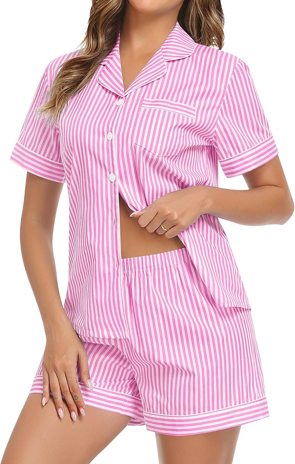 image:imageSWOMOG 100 Cotton Pajama Set for Women 2 PCS Gingham Pjs Set Short Sleeve Plaid Sleepwear Button Down Lounge Set Pink Stripe