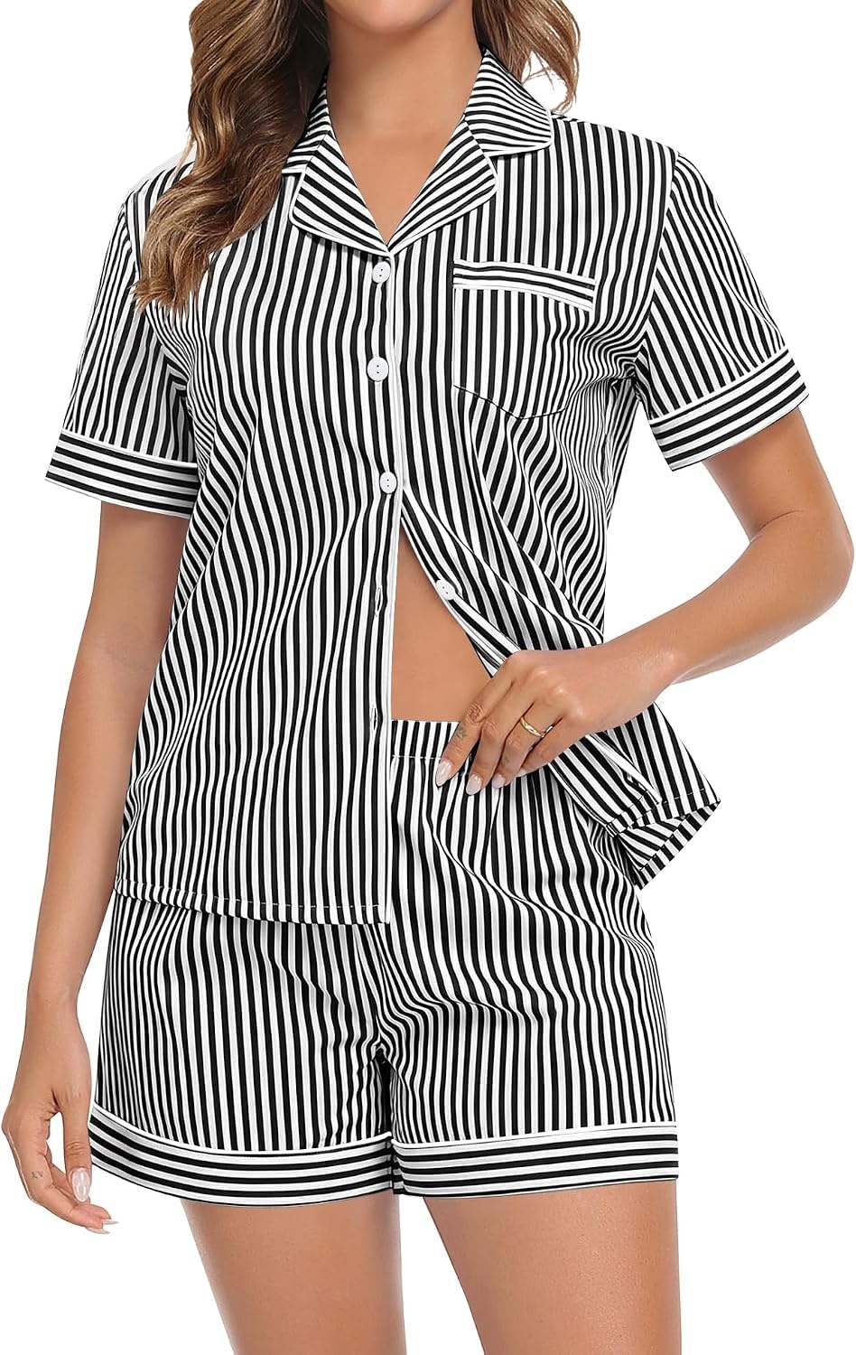 image:imageSWOMOG 100 Cotton Women Pajama Set 2 Piece Gingham Pjs Set Short Sleeve Plaid Sleepwear Button Down Lounge SetBlack Stripe