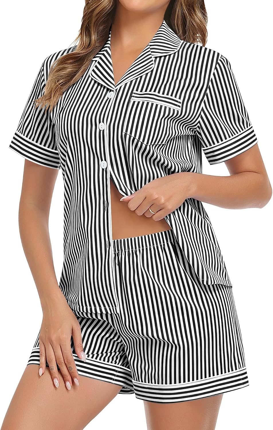 image:imageSWOMOG 100 Cotton Women Pajama Set 2 Piece Gingham Pjs Set Short Sleeve Plaid Sleepwear Button Down Lounge SetBlack Stripe