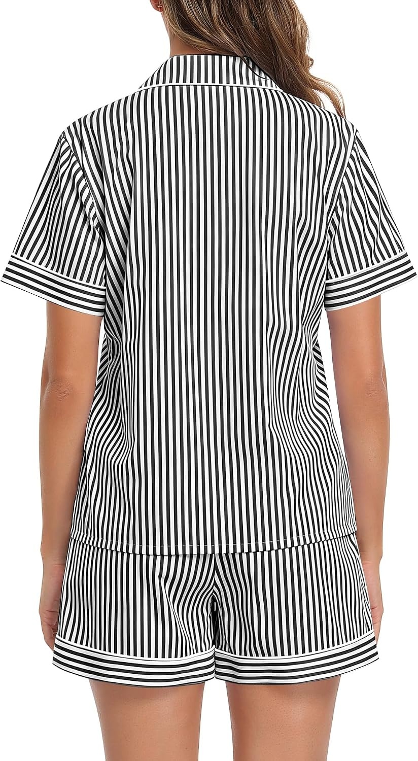 image:imageSWOMOG 100 Cotton Women Pajama Set 2 Piece Gingham Pjs Set Short Sleeve Plaid Sleepwear Button Down Lounge SetBlack Stripe