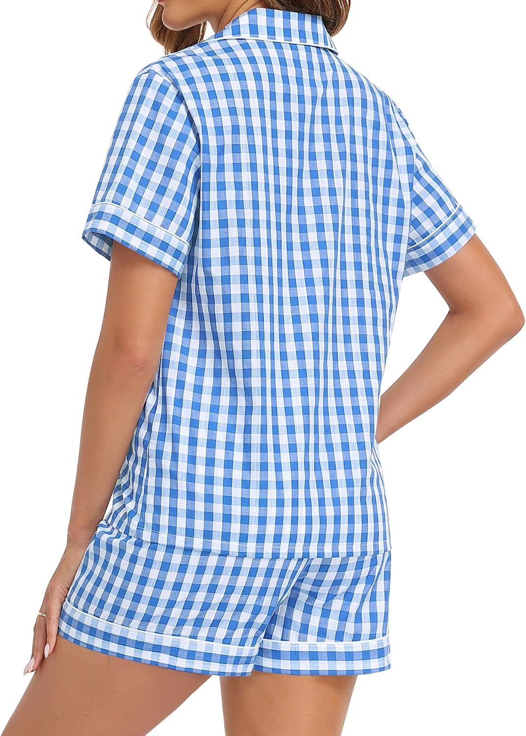 image:imageSWOMOG 100 Cotton Women Pajama Set 2 Piece Gingham Pjs Set Short Sleeve Plaid Sleepwear Button Down Lounge SetBlue Plaid