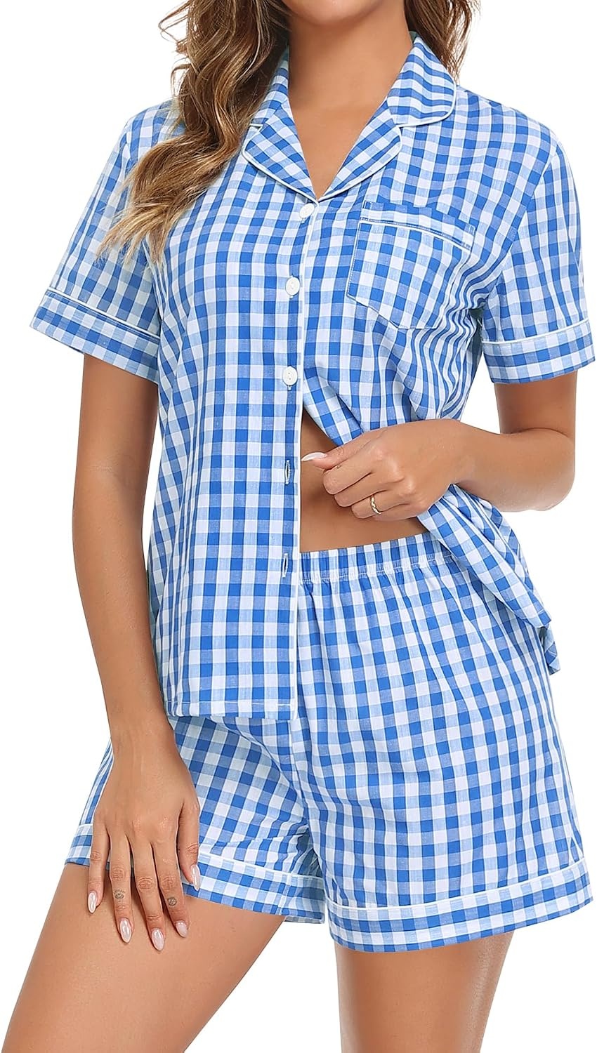 image:imageSWOMOG 100 Cotton Women Pajama Set 2 Piece Gingham Pjs Set Short Sleeve Plaid Sleepwear Button Down Lounge SetBlue Plaid