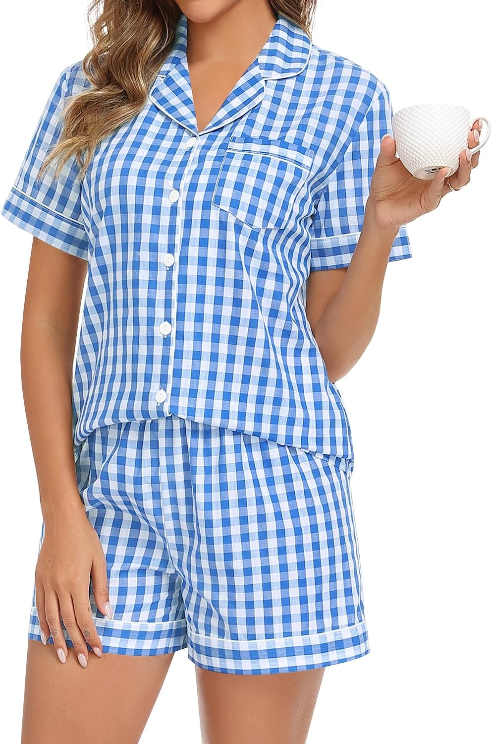 image:imageSWOMOG 100 Cotton Women Pajama Set 2 Piece Gingham Pjs Set Short Sleeve Plaid Sleepwear Button Down Lounge SetBlue Plaid