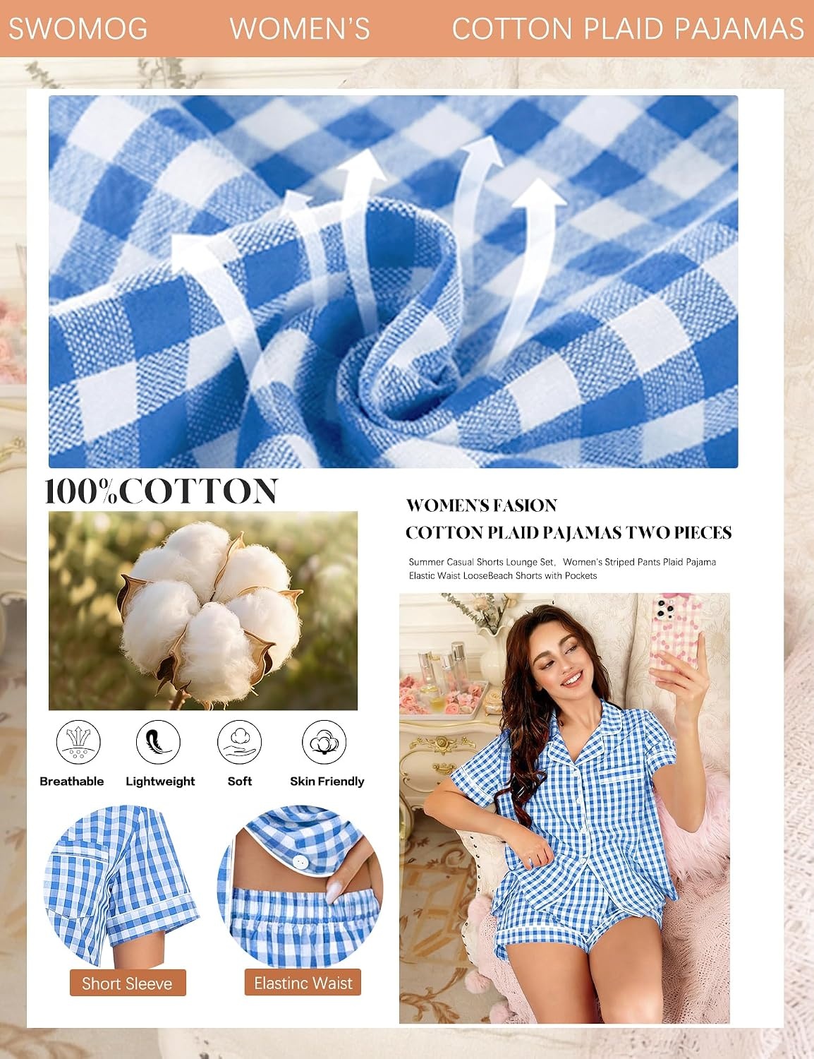 image:imageSWOMOG 100 Cotton Women Pajama Set 2 Piece Gingham Pjs Set Short Sleeve Plaid Sleepwear Button Down Lounge SetBlue Plaid