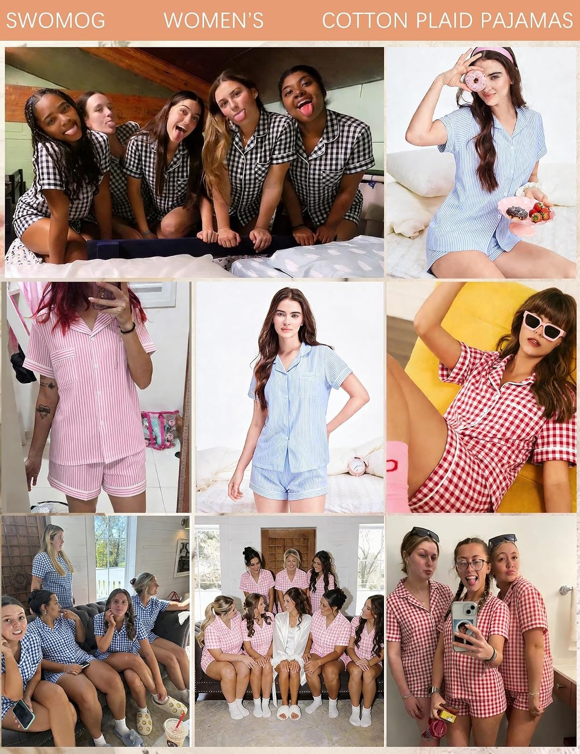 image:imageSWOMOG 100 Cotton Women Pajama Set 2 Piece Gingham Pjs Set Short Sleeve Plaid Sleepwear Button Down Lounge SetPink Plaid