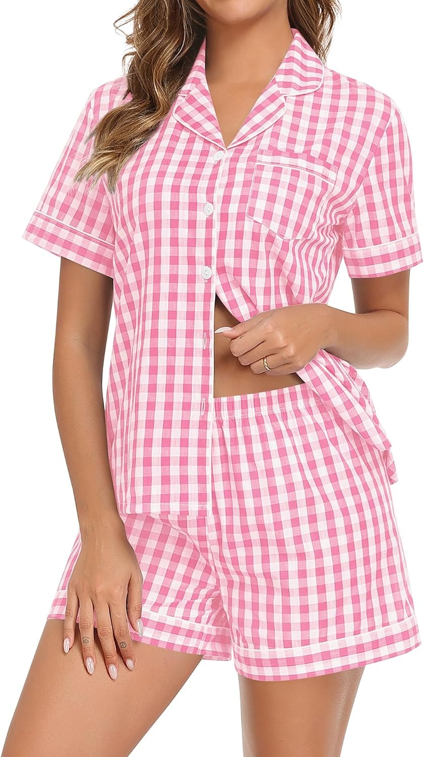 image:imageSWOMOG 100 Cotton Women Pajama Set 2 Piece Gingham Pjs Set Short Sleeve Plaid Sleepwear Button Down Lounge SetPink Plaid
