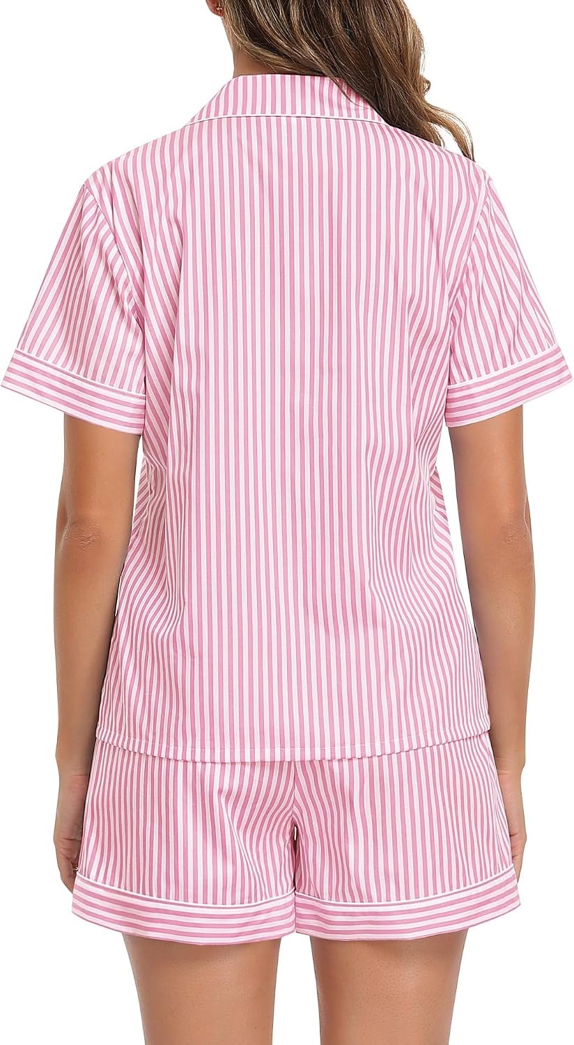 image:imageSWOMOG 100 Cotton Women Pajama Set 2 Piece Gingham Pjs Set Short Sleeve Plaid Sleepwear Button Down Lounge SetPink Stripe