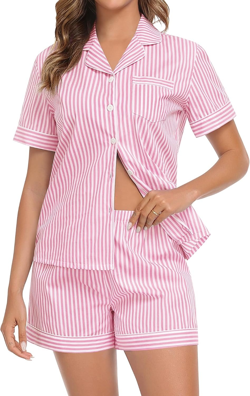 image:imageSWOMOG 100 Cotton Women Pajama Set 2 Piece Gingham Pjs Set Short Sleeve Plaid Sleepwear Button Down Lounge SetPink Stripe