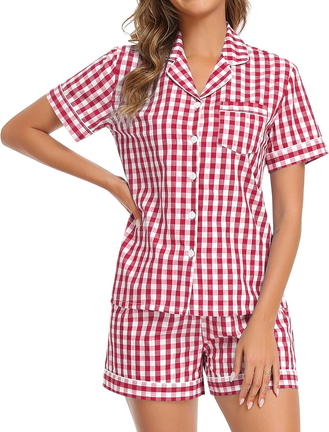 image:imageSWOMOG 100 Cotton Women Pajama Set 2 Piece Gingham Pjs Set Short Sleeve Plaid Sleepwear Button Down Lounge SetRed Plaid