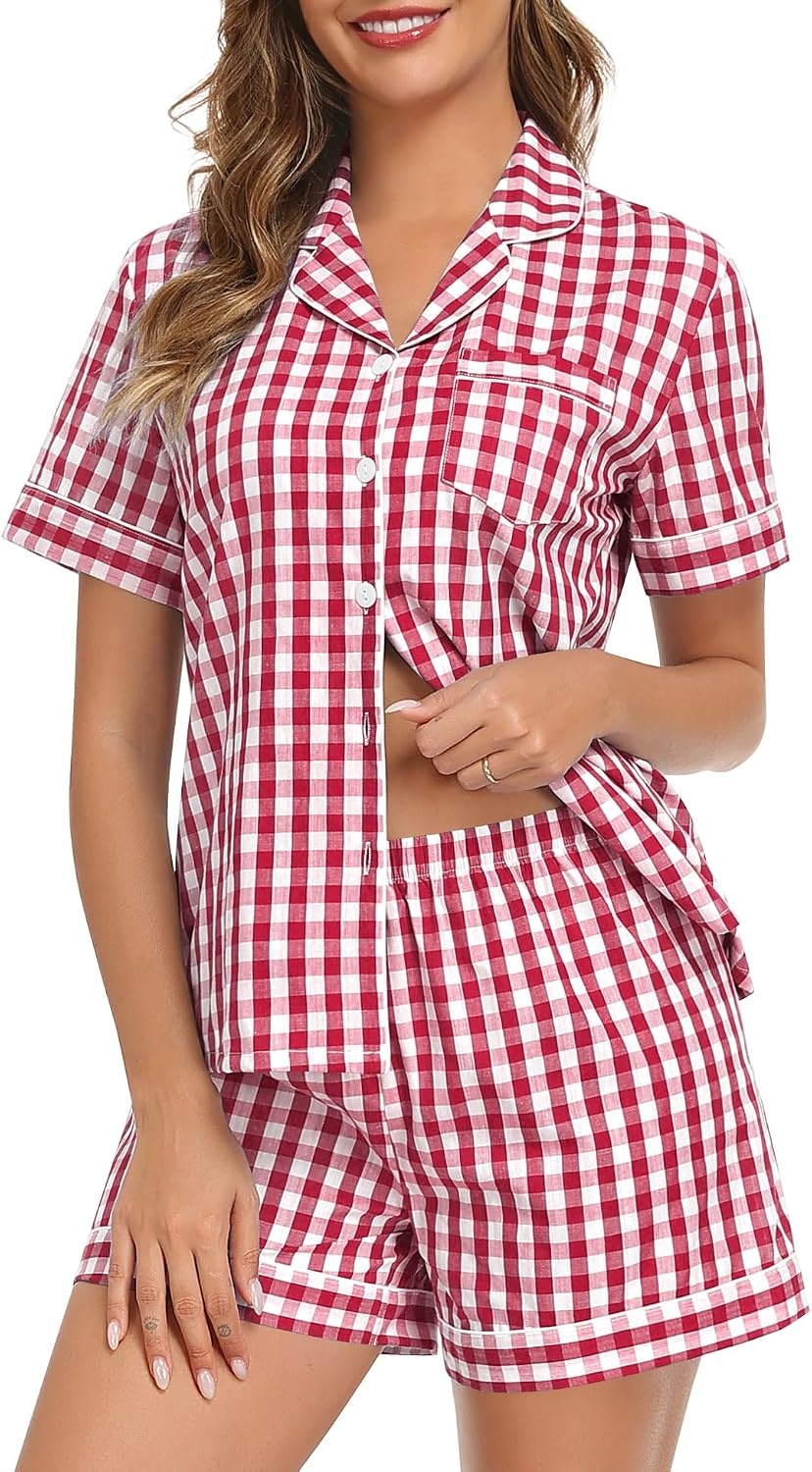 image:imageSWOMOG 100 Cotton Women Pajama Set 2 Piece Gingham Pjs Set Short Sleeve Plaid Sleepwear Button Down Lounge SetRed Plaid