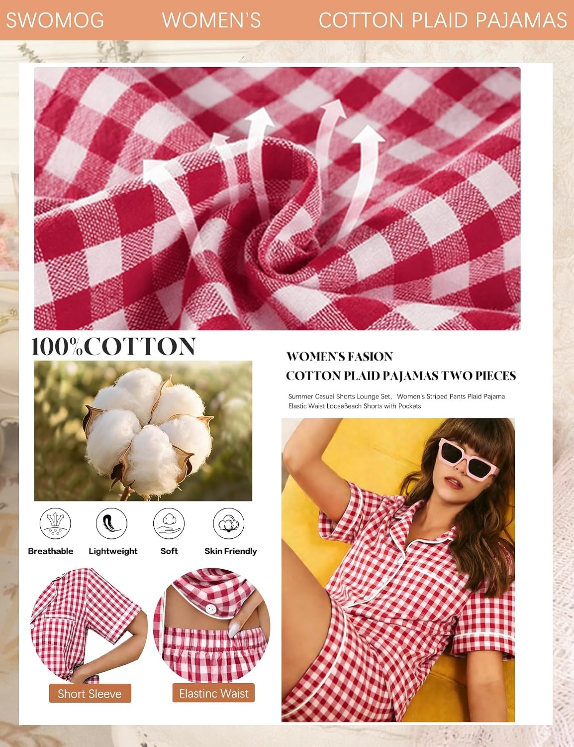 image:imageSWOMOG 100 Cotton Women Pajama Set 2 Piece Gingham Pjs Set Short Sleeve Plaid Sleepwear Button Down Lounge SetRed Plaid