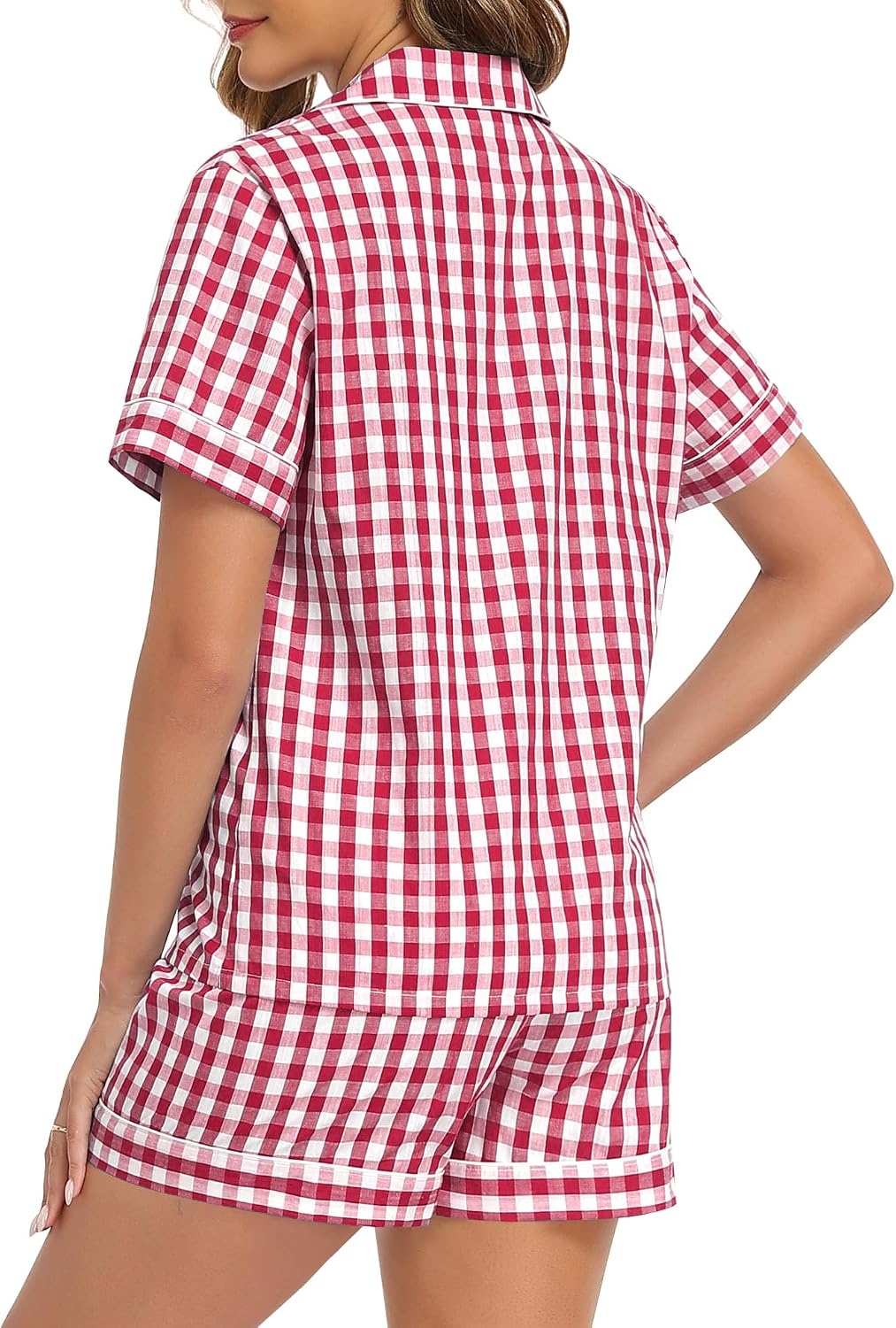 image:imageSWOMOG 100 Cotton Women Pajama Set 2 Piece Gingham Pjs Set Short Sleeve Plaid Sleepwear Button Down Lounge SetRed Plaid